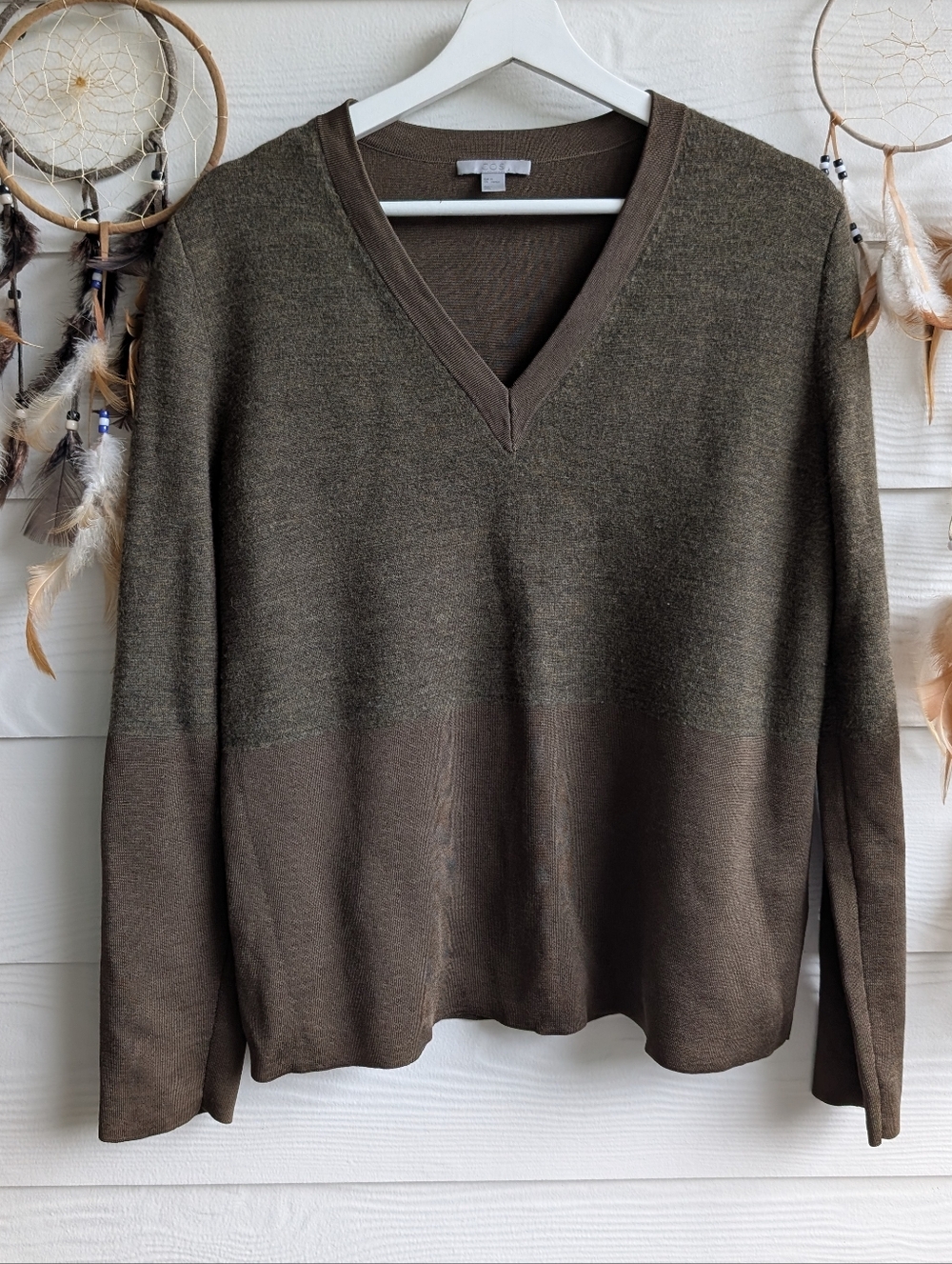 COS Two Tone Relaxed Fit V‑Neck Knit Wool Blend Top Sweater